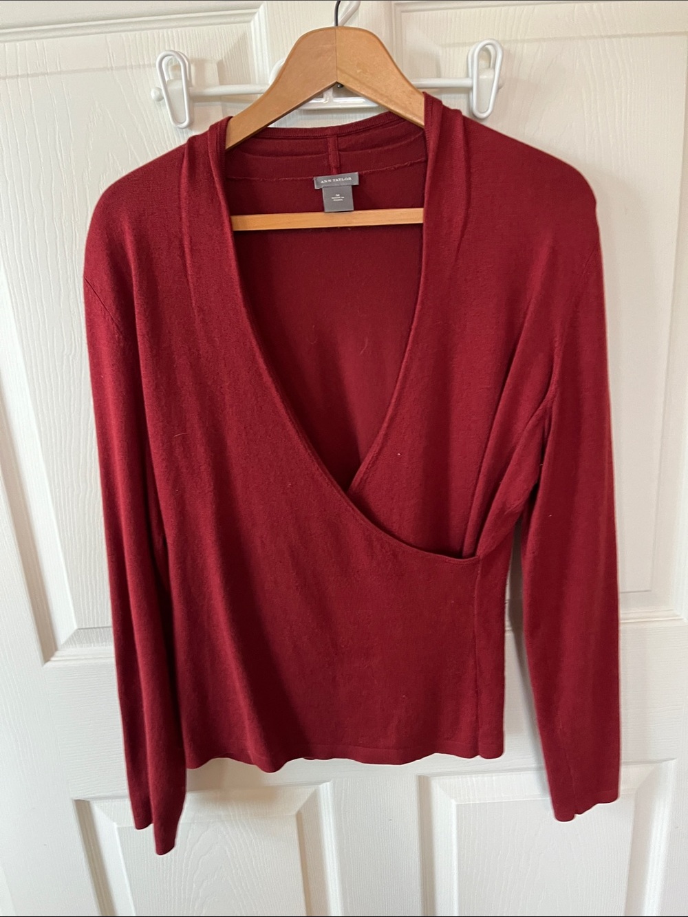 Ann Taylor Deep Red Silk blend Wrap-Style V-Neck Sweater